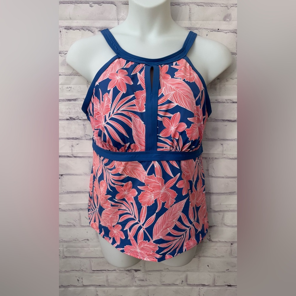 Lands' End 16 DDD Keyhole High Neck Tankini Too Soft Cup Blue Floral High Neck